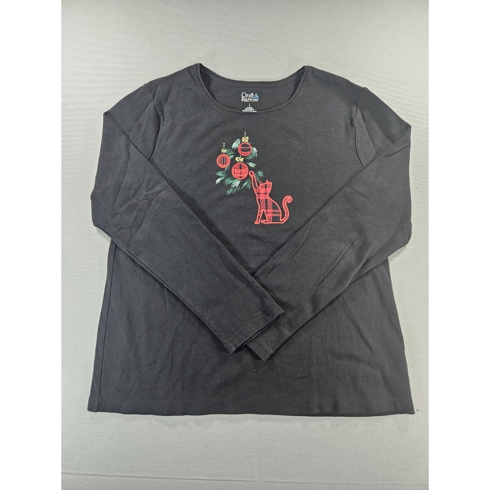 Croft & Barrow Christmas Cat Shirt Large Black Long Sleeve Plaid Kitten Holiday